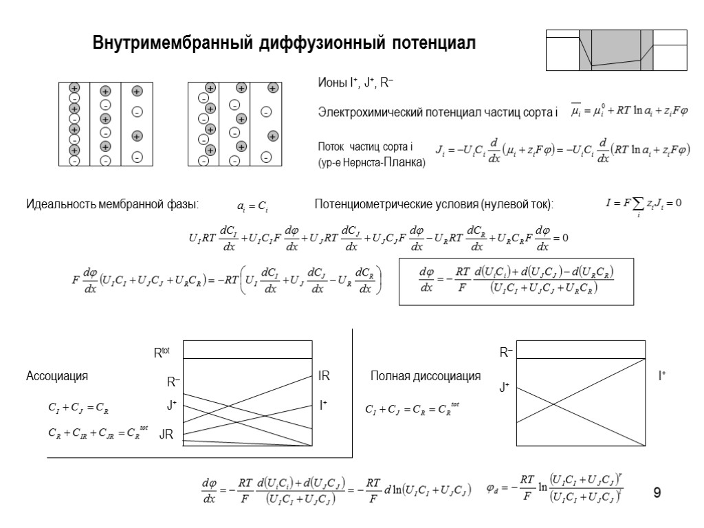 9 Внутримембранный диффузионный потенциал Электрохимический потенциал частиц сорта i Поток частиц сорта i (ур-е